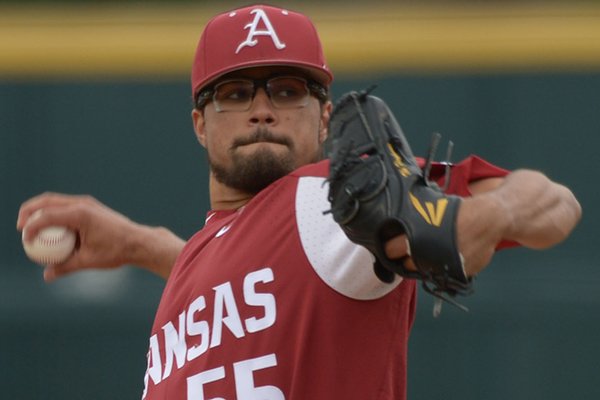 Arkansas pitcher Isaiah Campbell throws during a game against South Carolina on Saturday, April 14, 2018, in Fayetteville. 