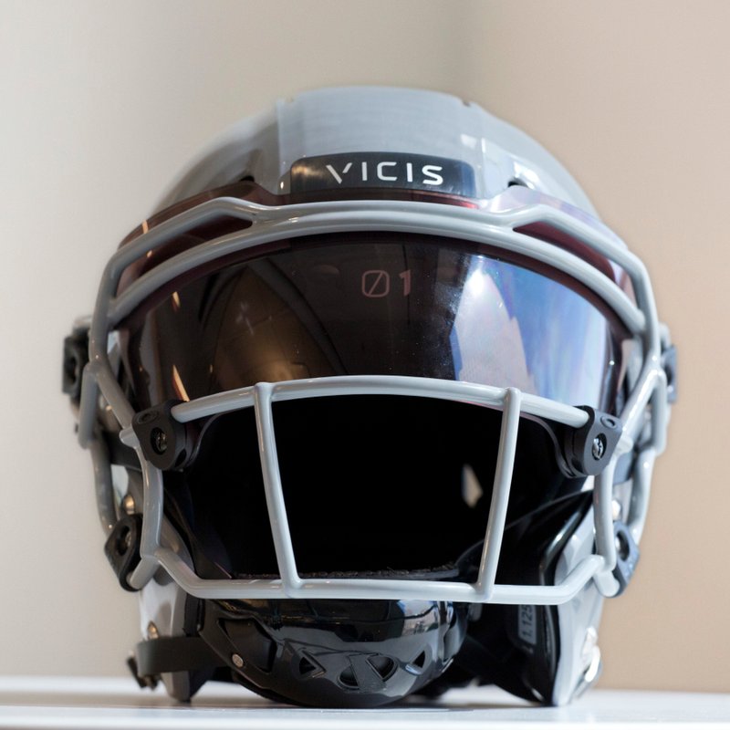 In this Sept. 11, 2017, file photo, a VICIS Zero1 helmet is displayed in New York. The NFL for the first time is prohibiting certain helmets from being worn by players. (AP Photo/Mark Lennihan, File)