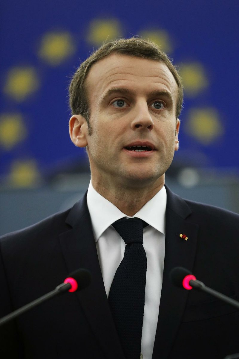 French President Emmanuel Macron delivers his speech at the European Parliament in Strasbourg, eastern France, Tuesday, April 17, 2018.