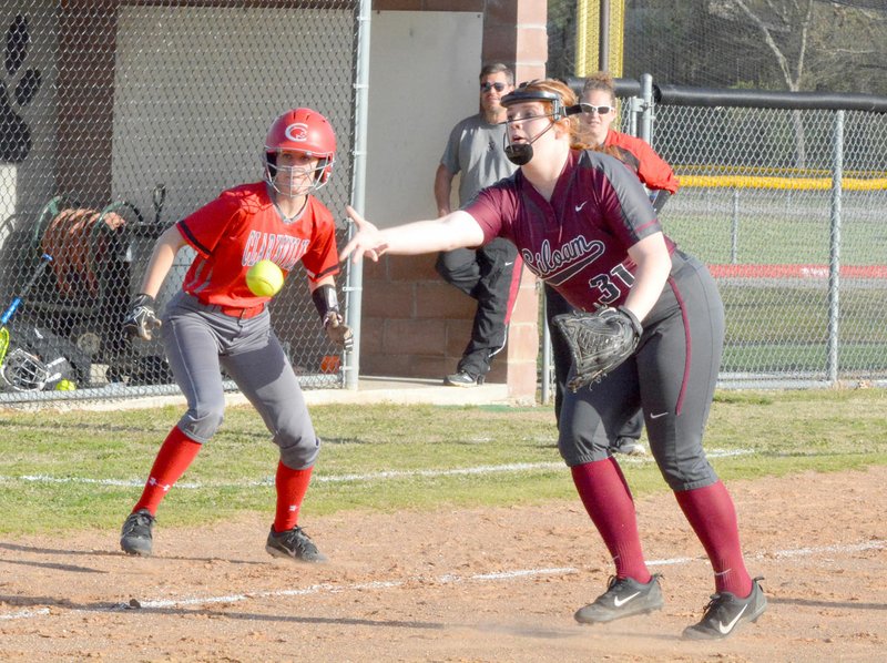 Graham Thomas/Herald-Leader Siloam Springs third baseman Ericka Galloway makes a throw to home during the first game of Monday's doubleheader against Clarksville.