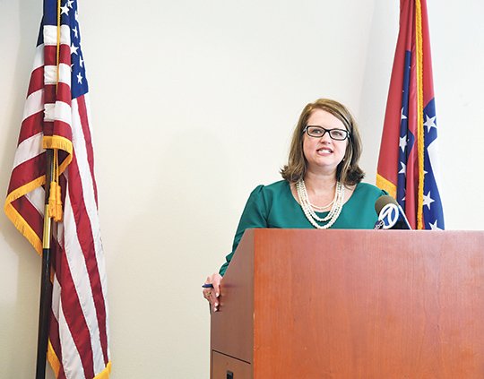 The Sentinel-Record/Grace Brown WARRANT ROUNDUP: Garland County Prosecutor Michelle Lawrence announces a multiagency warrant roundup that resulted in the arrests of 25 suspects in and around the Hot Springs area Monday during a news conference Tuesday at the Garland County Sheriff's Department.