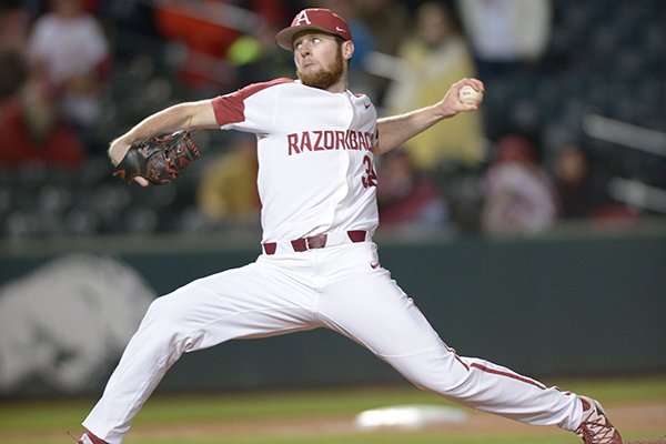 Arkansas pitcher Matt Cronin throws during a game against Auburn on Friday, April 6, 2018, in Fayetteville. 