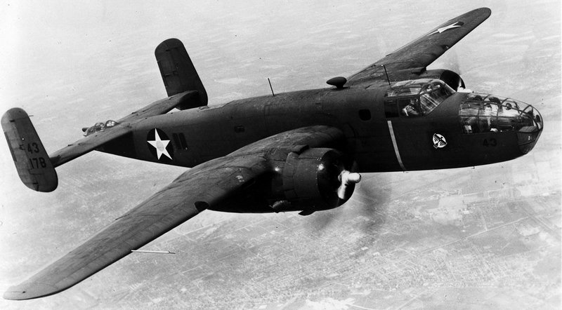 A B-25 assigned to the 34th Squadron participating in the historic Doolittle Raid on April 18, 1942.  
