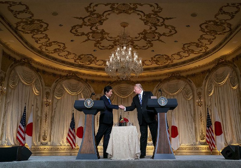 Japanese President Shinzo Abe and President Donald Trump hold a news conference Wednesday at Trump’s estate in Palm Beach, Fla. Trump said the leaders were unable to reach a deal to exempt Japan from new U.S. steel and aluminum tariffs.   