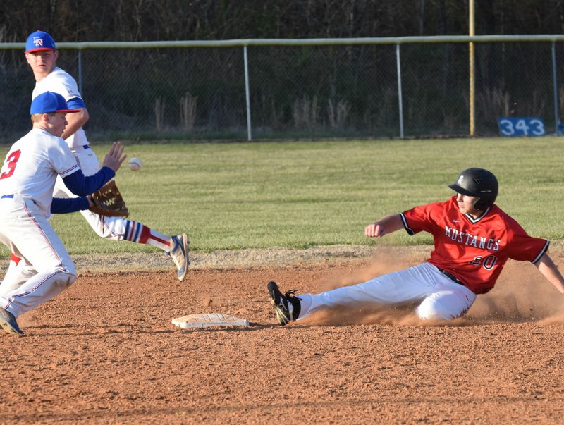 RICK PECK/SPECIAL TO MCDONALD COUNTY PRESS McDonald County's Ty Shaver steals second base for one of his four stolen bases during the Mustangs' 16-7 win on April 10 at East Newton High School.