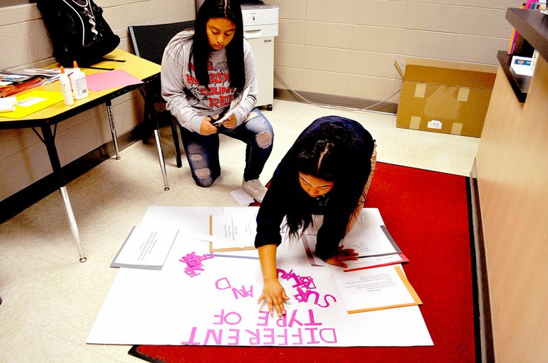 RACHEL DICKERSON/MCDONALD COUNTY PRESS Mariana Salas (left) and Moosay Raysoe work on their board for the Noel science fair. Their project was on the growth of bacteria on different surfaces.