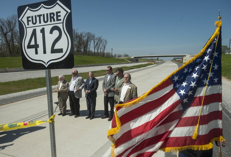 NWA Democrat-Gazette/BEN GOFF @NWABENGOFF
Guests gather Wednesday, April 18, 2018, during a ribbon cutting for the first section of the future U.S. Highway 412 Springdale Northern Bypass. The 4.5 mile section of four-lane divided highway through Benton County connects Interstate 49 on the East to Arkansas Highway 112 on the West. 