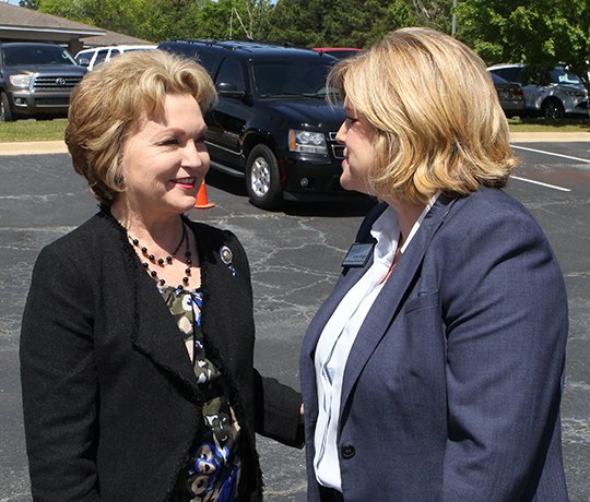 The Sentinel-Record/Richard Rasmussen RALLY: Arkansas first lady Susan Hutchinson, left, and Cooper-Anthony Mercy Child Advocacy Center Director Karen Wright talk at the center's Child Abuse Prevention Rally and Luncheon on Thursday.