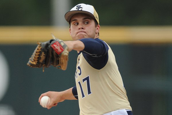 Shiloh Christian starter Landon Brown delivers to the plate against Nashville Friday, May 19, 2017, during the Class 4A state championship game at Baum Stadium in Fayetteville.