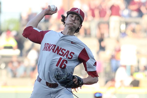 Arkansas pitcher Blaine Knight (16) pitches during the first inning of their NCAA college baseball game against Mississippi State in Starkville, Miss., Friday, April 20, 2018. 
