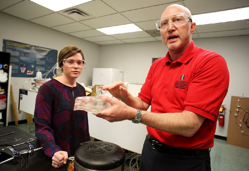 Megan Laughlin, a doctoral student at the University of Arkansas at Fayetteville, listens as Dr. Morten Jensen displays a brain vasculature model in the Vivas LLC, laboratory at the Engineering Research Center in Fayetteville. Vivas products are used to train clinicians in procedures and to test medical imaging gear.  