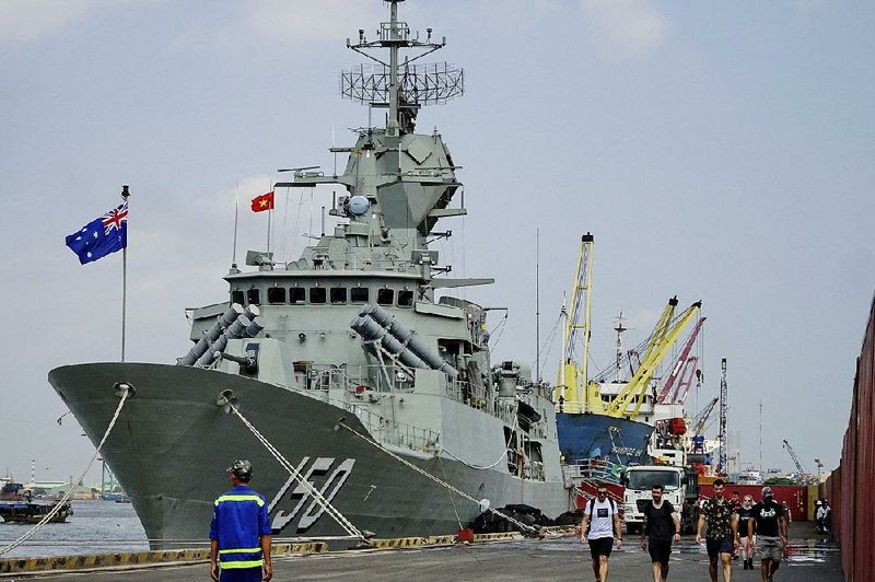 The Australian frigate HMAS Anzac sits docked in Ho Chi Minh City, Vietnam, after it and two other Australian ships reportedly were challenged by Chinese vessels in the South China Sea. 
