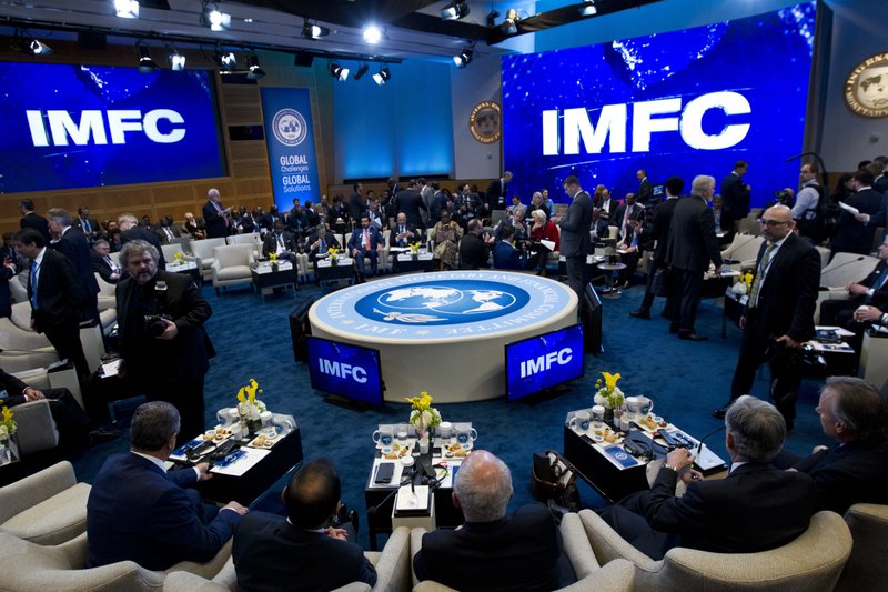 International Monetary and Financial Committee (IMFC) conference meeting at World Bank/IMF Spring Meetings, in Washington, Saturday, April 21, 2018. ( AP Photo/Jose Luis Magana)