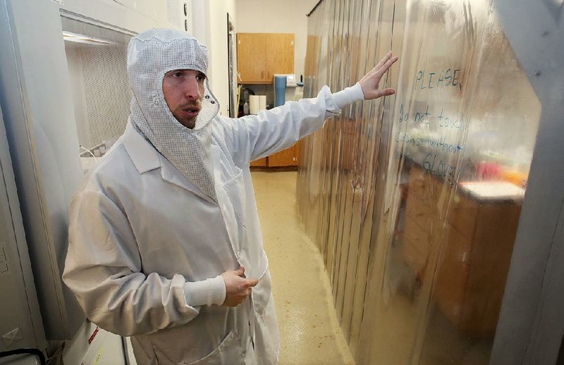 John Samuelsen describes the workings of the ultra-clean, metal-free radiogenic isotope laboratory at the University of Arkansas, Fayetteville’s Department of Geosciences, where he and other researchers will study bones found at the ancient Caddo Indian burial site. 
