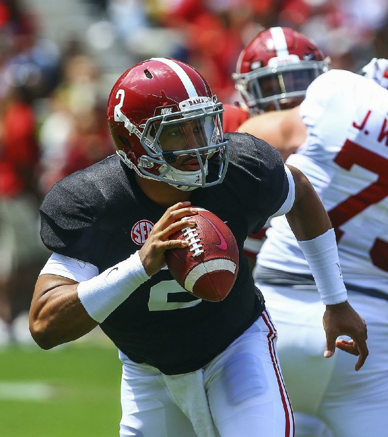 Jalen Hurts completed 19 of 37 passes for 195 yards with no touchdowns and 1 interception in Alabama’s spring game Saturday in Tuscaloosa, Ala.  