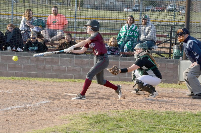 Graham Thomas/Siloam Sunday Siloam Springs freshman Jadyn Still takes a cut during Thursday's 20-16 win against Greenland.