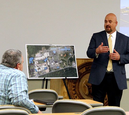 Lakeside Superintendant Shawn Cook speaks at a community meeting on the proposed millage increase Tuesday, April 17, 2018. (The Sentinel-Record/Beth Reed)