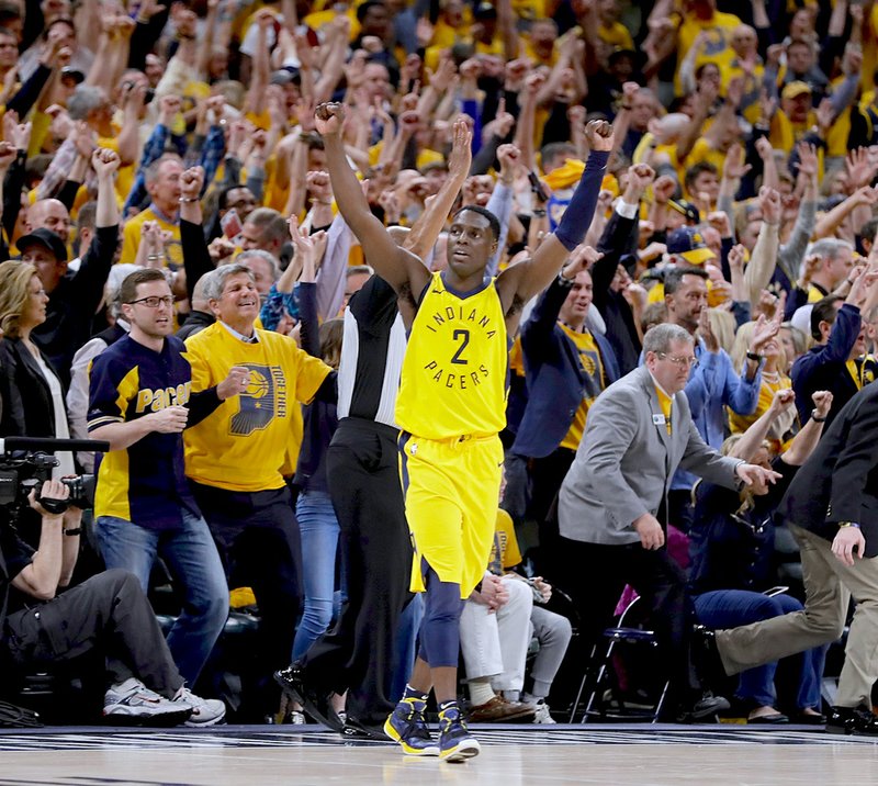 Indiana Pacers' Darren Collison celebrates after Indiana defeated the Cleveland Cavaliers, 92-90 in Game 3 of a first-round NBA basketball playoff series, Friday, April 20, 2018, in Indianapolis. (AP Photo/Darron Cummings)