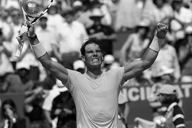 Spain's Rafael Nadal celebrates after defeating Bulgaria's Gregor Dimitrov in their semifinal singles match of the Monte Carlo Tennis Masters tournament in Monaco, Saturday April 21, 2018. (AP Photo/Christophe Ena)