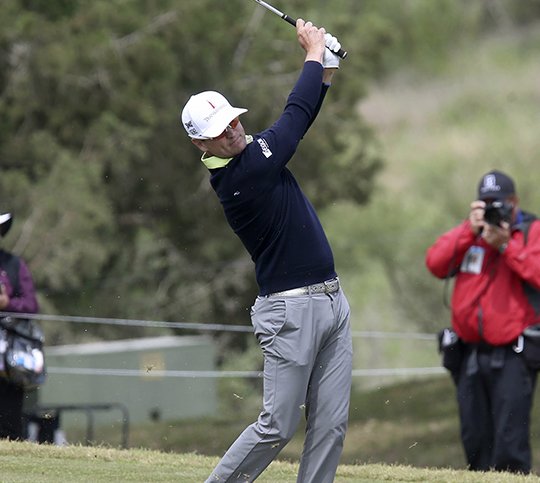 Zach Johnson tees off Friday, April 20, 2018, during the second round of the Valero Texas Open at TPC San Antonio in San Antonio. (John Davenport/The San Antonio Express-News via AP)