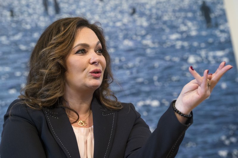 Russian lawyer Natalia Veselnitskaya speaks during an interview with The Associated Press in Moscow, Russia, Sunday, April 22, 2018. Veselnitskaya who discussed sanctions with Donald Trump Jr. in New York during the 2016 campaign told The Associated Press in an interview that she has not been contacted by special counsel Robert Mueller and alleged that he was not interested in getting to the truth. (AP Photo/Dmitry Serebryakov)