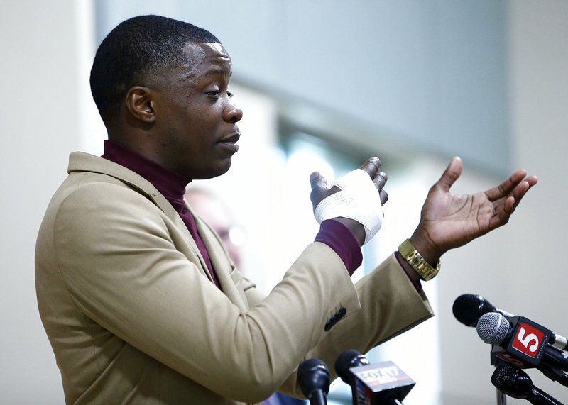 Hero James Shaw speaks during a press conference on the Waffle House shooting Sunday, April 22, 2018 in Nashville, Tenn. Shaw wrestled the gun from the suspect. (Wade Payne/The Tennessean via AP)