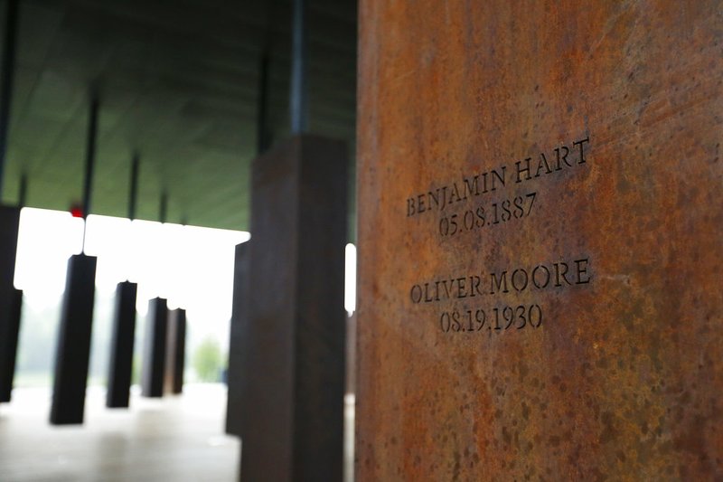 This photo shows names of lynching victims at the National Memorial for Peace and Justice, a new memorial to honor thousands of people killed in racist lynchings, Sunday, April 22, 2018, in Montgomery, Ala. The national memorial aims to teach about America's past in hope of promoting understanding and healing. It's scheduled to open on Thursday. (AP Photo/Brynn Anderson)