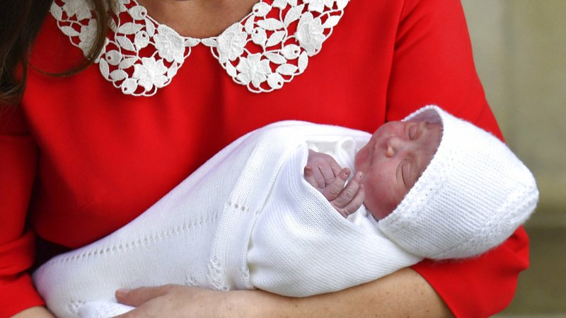 Britain's Prince William and Kate, duchess of Cambridge, with their newborn baby son as they leave the Lindo wing at St Mary's Hospital in London on Monday, April 23, 2018. 