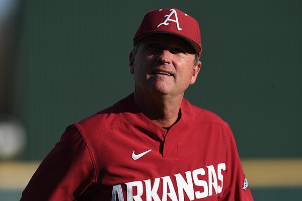 Arkansas coach Dave Van Horn glances into the stands prior to the Razorbacks' 11-7 win over Missouri State at Baum Stadium  on April 17, 2018.