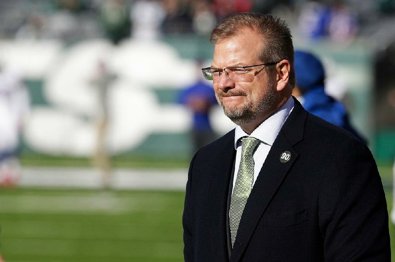 In this Jan. 1, 2017, file photo, New York Jets general manager Mike Maccagnan looks on prior to an NFL football game against the Buffalo Bills, in East Rutherford, N.J.