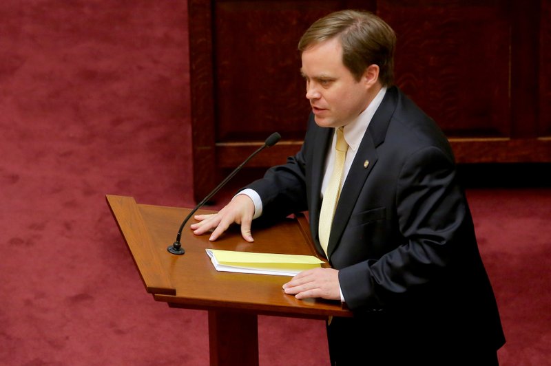 FILE — Then-Sen. Jon Woods, R-Springdale, speaks in the Senate chamber at the State Capitol in this Feb. 11, 2014 file photo.
