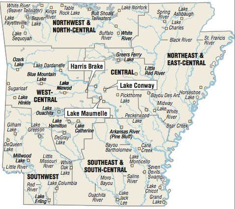 A map showing the location of Arkansas fishing spots.
