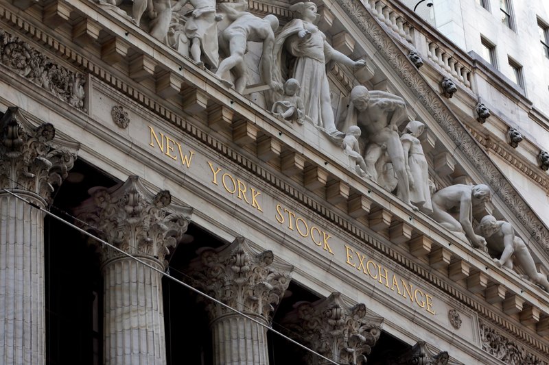 FILE- This April 5, 2018, file photo shows the facade of the New York Stock Exchange.  (AP Photo/Richard Drew, File)
