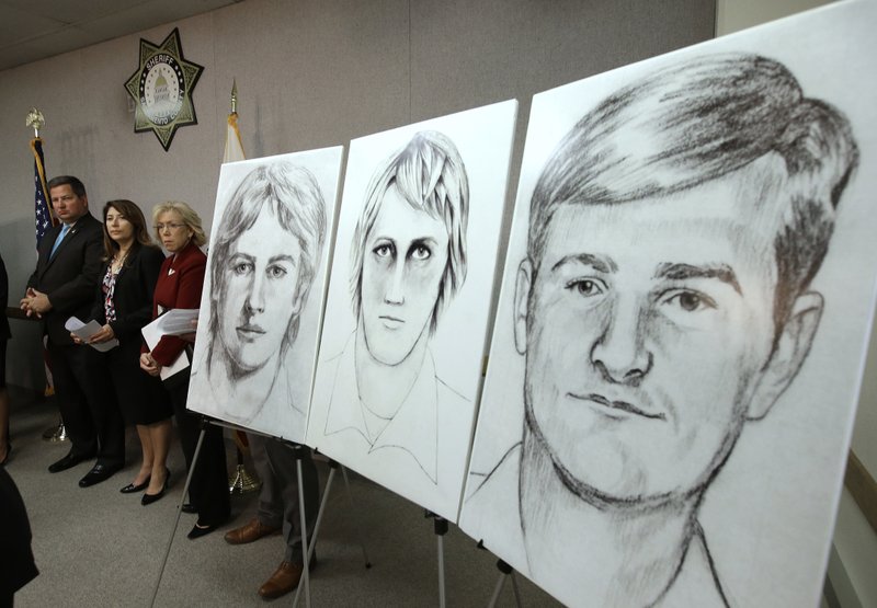 In this June 15, 2016, file photo, law enforcement drawings of a suspected serial killer believed to have committed at least 12 murders across California in the 1970's and 1980's are displayed at a news conference about the investigation, in Sacramento, Calif. The Sacramento County District Attorney's Office plans to make a 'major announcement" Wednesday, April 25, 2018, in the case of the elusive serial killer. 