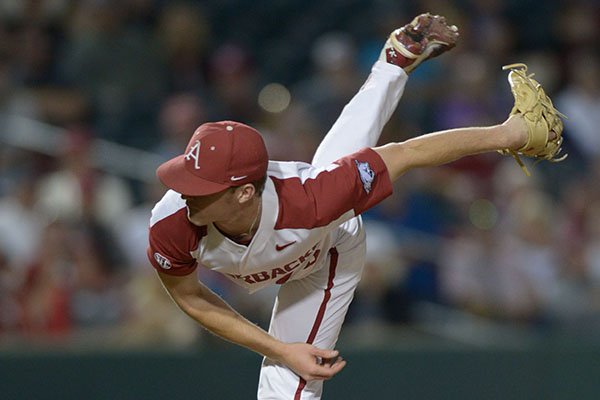 Arkansas pitcher Barrett Loseke throws during a game against Texas Tech on Tuesday, April 24, 2018, in Fayetteville. 