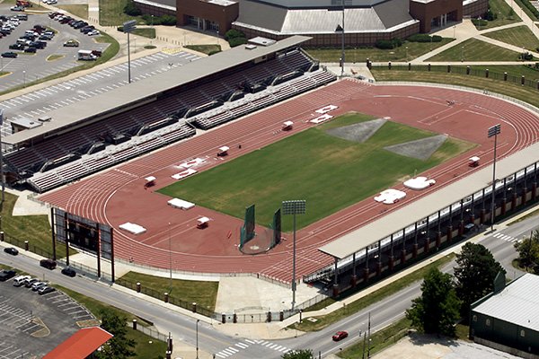 This aerial photo shows John McDonnell Field on the University of Arkansas campus in Fayetteville on Tuesday, June 21, 2016.