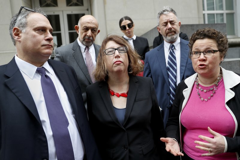 American Civil Liberties Union attorney Lee Gelernt, left, and Margo Schlanger, professor of law at the University of Michigan Law School, center, and ACLU attorney Miriam Aukerman, right, speak to reporters outside the Potter Stewart U.S. Courthouse, Wednesday, April 25, 2018, in Cincinnati. A federal appeals panel will hear arguments over a Trump administration effort to deport Iraqi nationals. A U.S. district judge in Detroit last year blocked the deportations to give the Iraqis time to make their cases to stay. Gelernt says many of them are Christians or other minority groups who fear being persecuted, tortured or killed if returned. (AP Photo/John Minchillo)