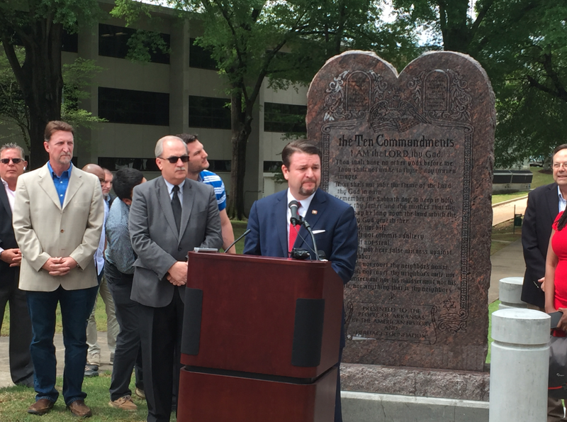 Arkansas state Rep. Jason Rapert, R-Bigelow, speaks Thursday at the installation of a new Ten Commandments monument on the grounds of the state Capitol.