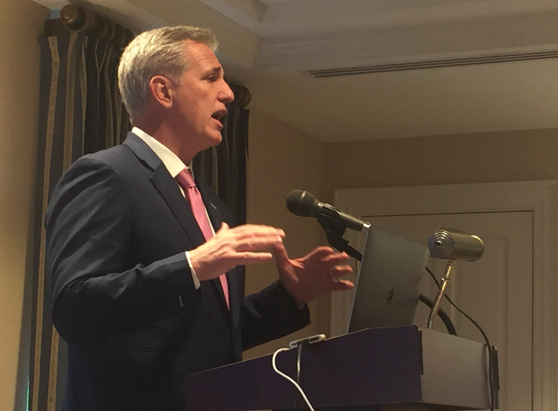 House Majority Leader Kevin McCarthy, R-Cal. , addresses members of the Hot Springs Chamber of Commerce in DC on Wednesday, April 25, 2018.