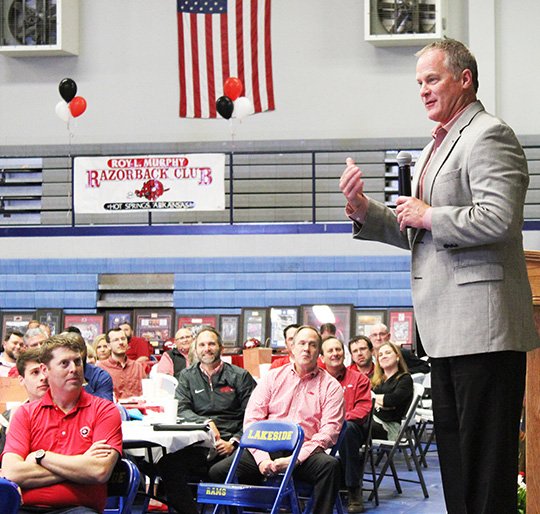 The Sentinel-Record/Rebekah Hedges RAZORBACK CLUB: Hunter Yurachek, vice chancellor and director of athletics for the University of Arkansas, discussed a variety of sports topics Wednesday with members of the Roy L. Murphy Razorback Club during an event at the Lakeside Athletic Complex. Yurachek said he expects Arkansas head football coach Chad Morris to take the team to a bowl game in his first season.
