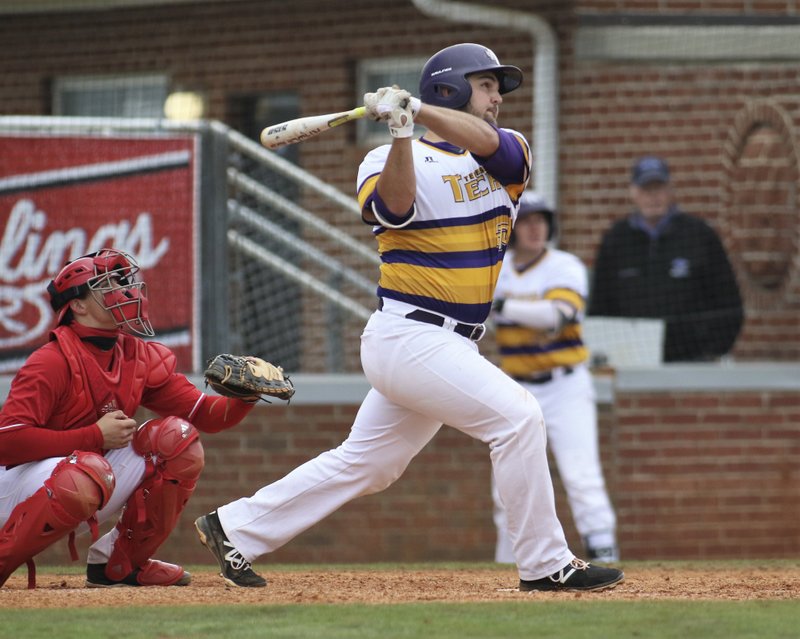 In this April 8, 2018, photo, Tennessee Tech first baseman Chase Chambers plays against Jacksonville State in an NCAA college baseball game in Cookeville, Tenn. Tennessee Tech of the Ohio Valley Conference has won 26 consecutive games by relying on the nation's most potent lineup. (Tony Marable, Tennessee Tech Athletic Department via AP)