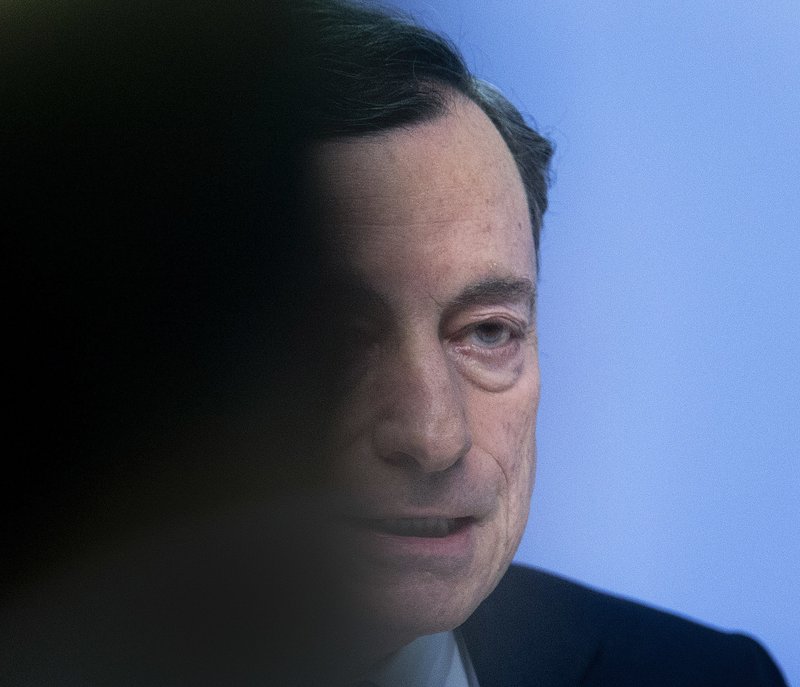 President of the European Central Bank Mario Draghi speaks during a news conference in Frankfurt, Germany, Thursday, April 26, 2018. (AP Photo/Michael Probst)