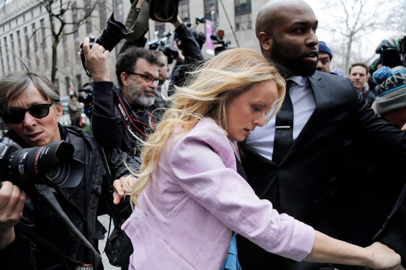 Porn actress Stormy Daniels arrives at federal court in New York, Monday, April 16, 2018, to attend a court hearing where a federal judge is considering how to review materials that the FBI seized from President Donald Trump's personal lawyer to determine whether they should be protected by attorney-client privilege. (AP Photo/Seth Wenig)