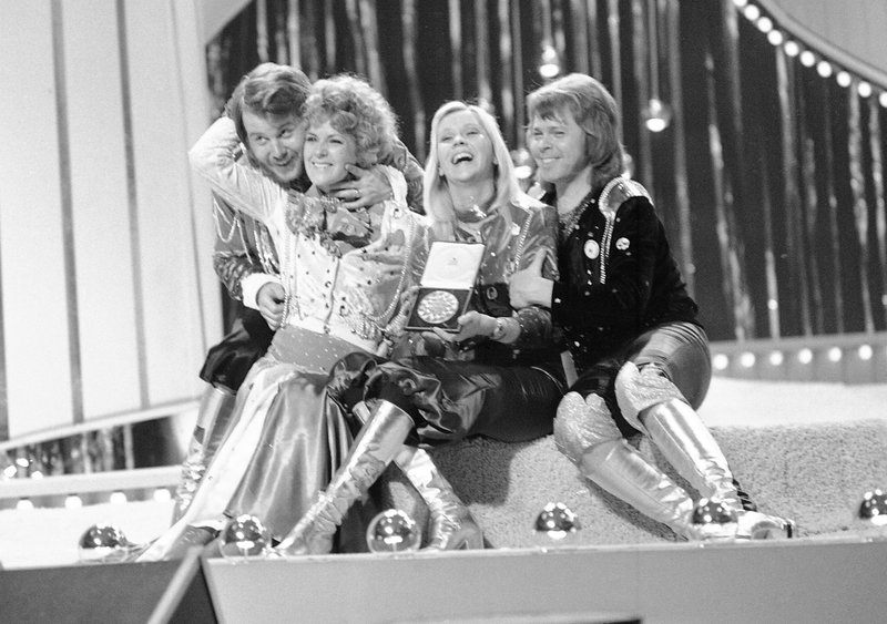  In this April 6, 1974 file photo, Swedish pop group ABBA celebrate winning the 1974 Eurovision Song Contest on stage at the Brighton Dome in England with their song Waterloo. From left, Benny Andersson, Anni-Frid Lyngstad (Frida), Agentha Faltskog, and Bjorn Ulvaeus. The members of ABBA announced on Friday April 27, 2018, they have recorded new material for the first time in 35 years. 