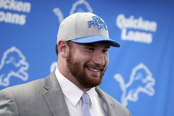 The Detroit Lions first-round NFL football draft pick Frank Ragnow addresses the media at the team's training facility, Friday, April 27, 2018, in Allen Park, Mich. (AP Photo/Carlos Osorio)