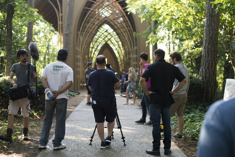 The crew of the movie “F.R.E.D.I.” sets up to shoot a scene at Eureka Springs’ Thorncrown Chapel. 
