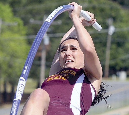 Lake Hamilton's Edie Murray competes in the pole vault event during the 6A-South track meet at Lake Hamilton Friday, April, 27, 2018. Murray won the event. (The Sentinel-Record/Richard Rasmussen)