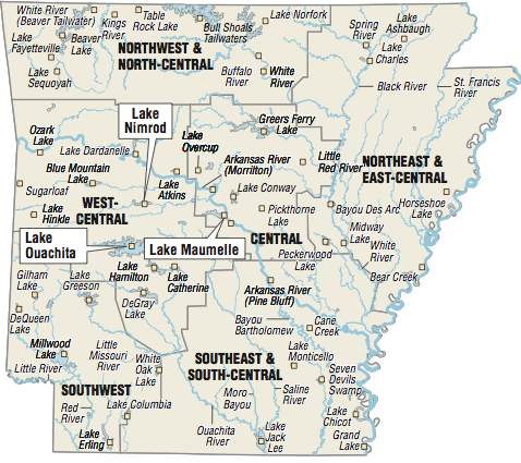 A map showing the location of Arkansas fishing spots.