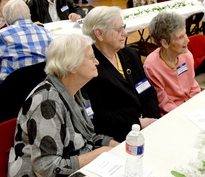 Westside Eagle Observer/MIKE ECKELS Barbera Peek Winningham (left), Katheryn Miller Shook and Ruth Amos Box recount some of their memories of times past during the 2018 Decatur High School Biennial Reunion April 21 in the community room at Decatur City Hall. All three played on the 1945-46 championship basketball team in the old gym that is now the community room.