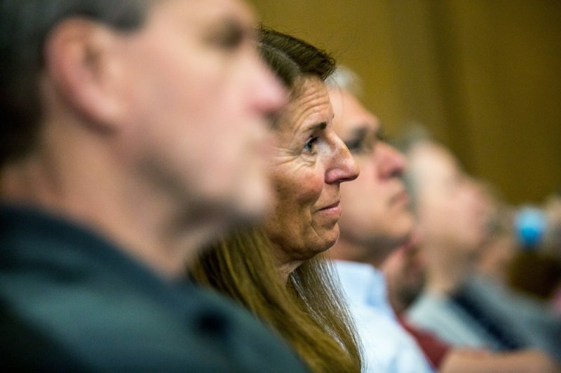 Crash survivor Sheila Jeske reacts to the defense's closing argument that much of the prosecution's evidence is "speculation" during Charles Pickett's murder trial, Tuesday, May 1, 2018, in Kalamazoo, Mich. Jurors in Michigan heard closing arguments in the case of Pickett, a man charged with second-degree murder in the deaths of five bicyclists who were killed while riding on a rural road. (Rebekah Welch /Kalamazoo Gazette-MLive Media Group via AP)